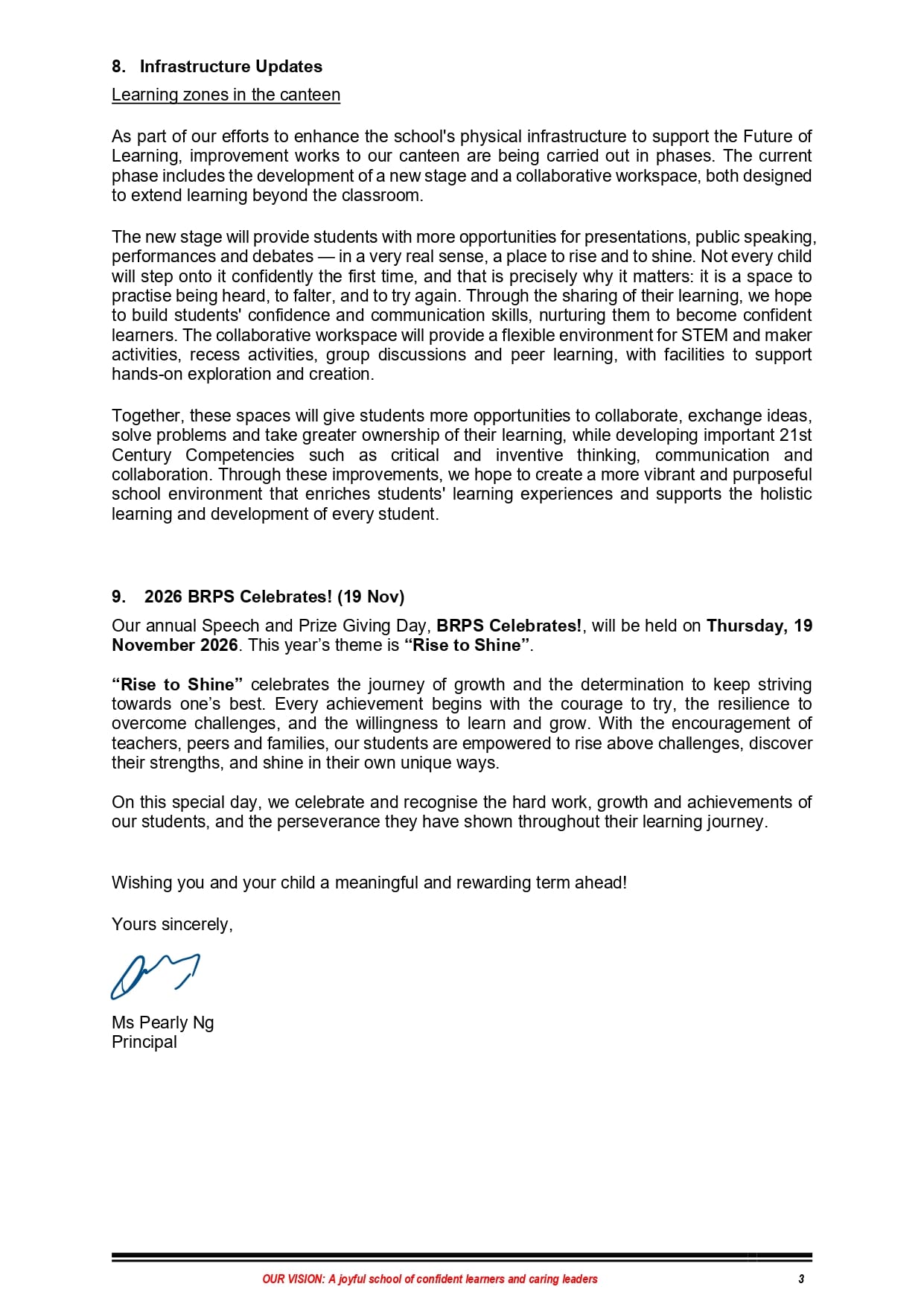 Page of school newsletter about canteen learning zones and BRPS Celebrates 19 Nov 2026, with principal signature.